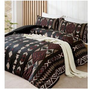 New Aztec Southwestern Print Black Red King Comforter Set 3 pieces